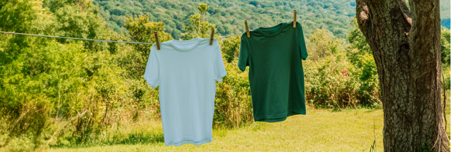 roupas em tons de verde penduradas em varal ao ar livre, em meio à natureza