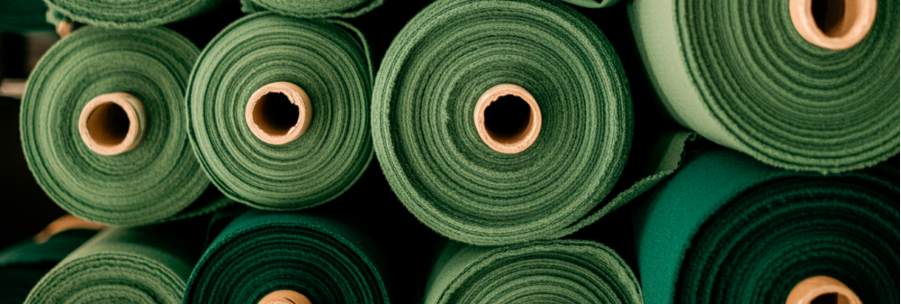 rolos de malha têxtil empilhados em diferentes tons de verde